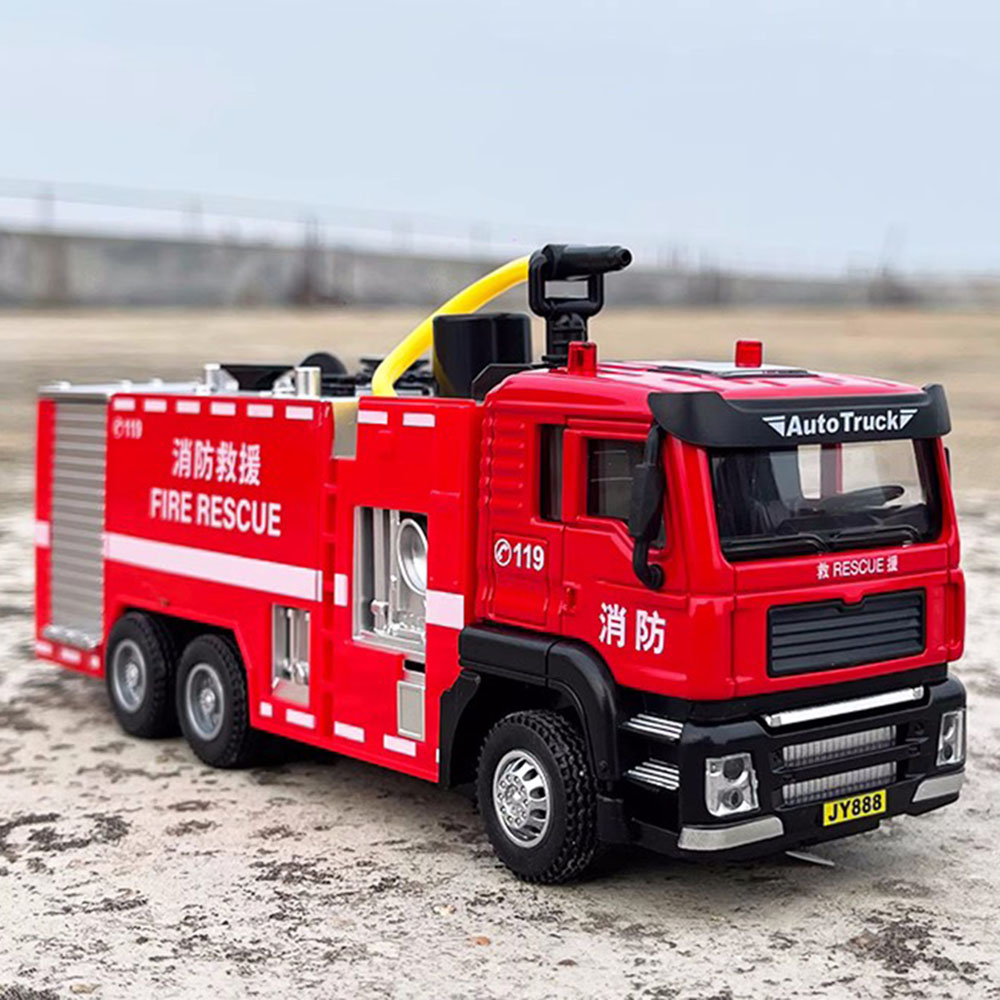Fire Escape Ladder - 1/50スケールはしご付き消防車モデルおもちゃ、ホイールプルバック式スプリンクラー付き消防車、ライトミュージック付き救助車両、子供向け知育玩具